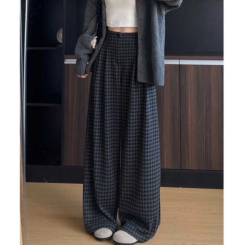 毛呢格子阔腿西装裤女2025早秋新款美式慵懒风宽松垂感直筒休闲裤