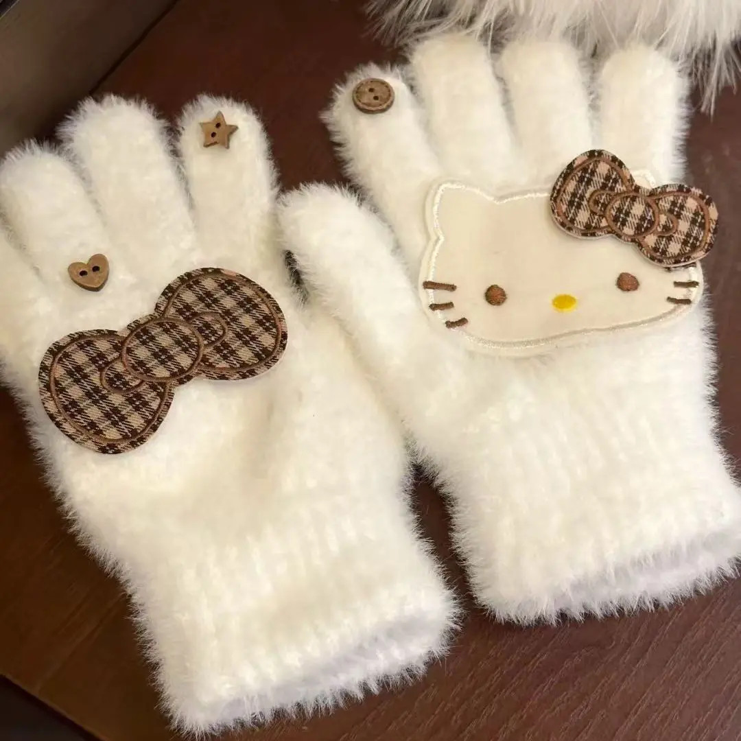 冬季保暖可爱复古kitty手套棕色格子蝴蝶结新款女秋学生户外手套