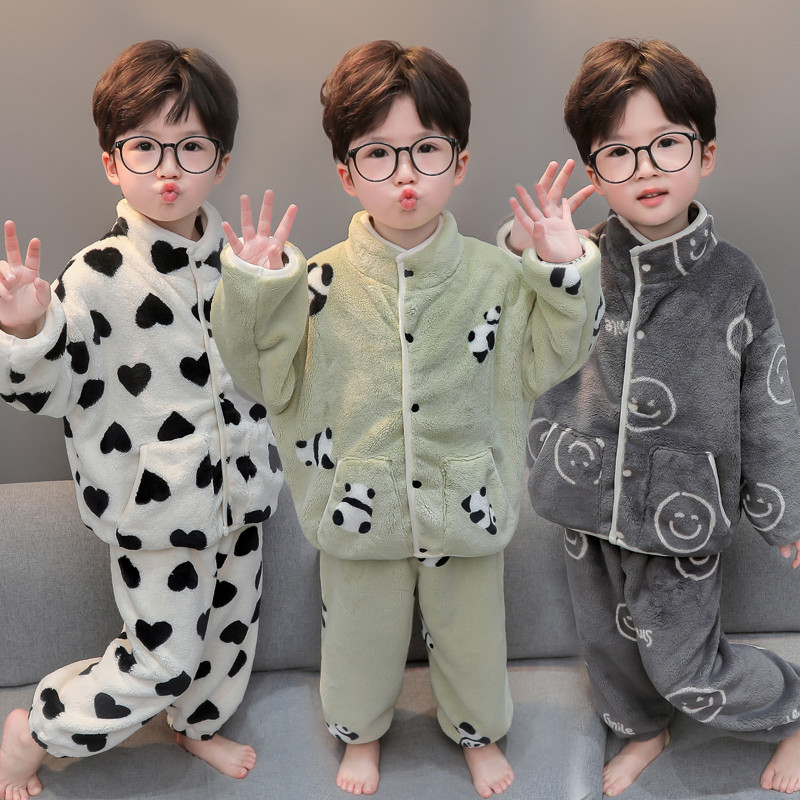 男童法兰绒分体套装儿童珊瑚绒睡衣秋冬新款卡通开衫男宝宝家居服