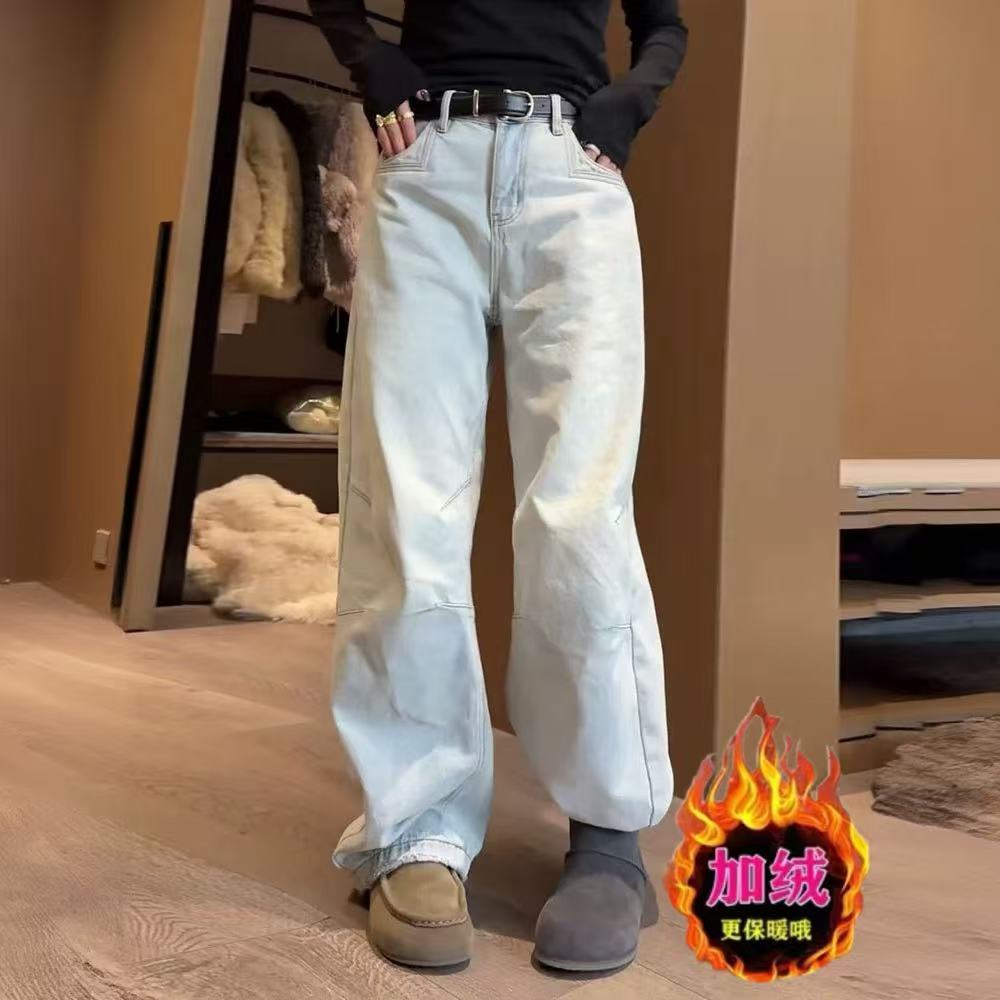 秋冬加绒加厚设计感弯刀牛仔裤女大码胖mm高腰宽松显瘦百搭阔腿裤