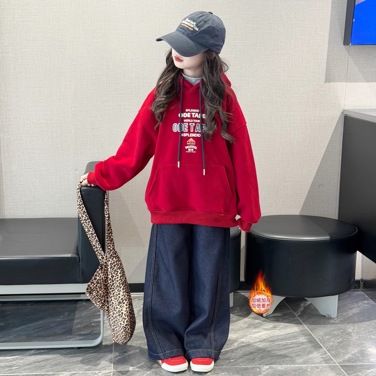 女童加绒卫衣套装秋冬款2025新款女孩大童红色上衣儿童装冬装年服