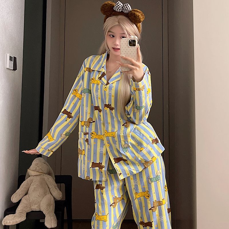 可爱条纹腊肠狗春秋新款睡衣女云朵棉甜美ins风少女家居服套装
