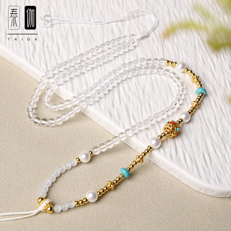 合金仿水晶吊坠 清透白圆珠珍珠贝项链女款新中式国风唐卡吊坠链