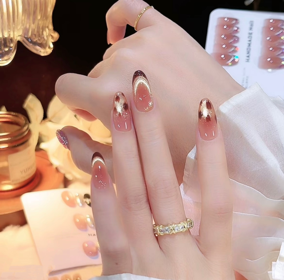 【琥珀鎏金】新款秋冬纯手工穿戴甲高级显白显白纯手作美甲片批发