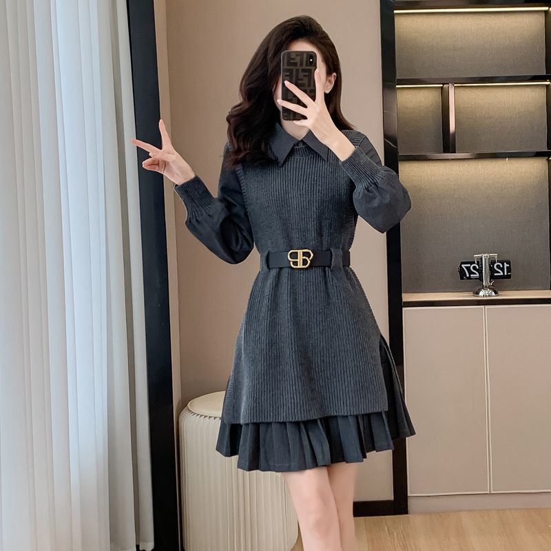 法式灰色显瘦修身百褶连衣裙赫本风气质针织套装两件套短款裙子