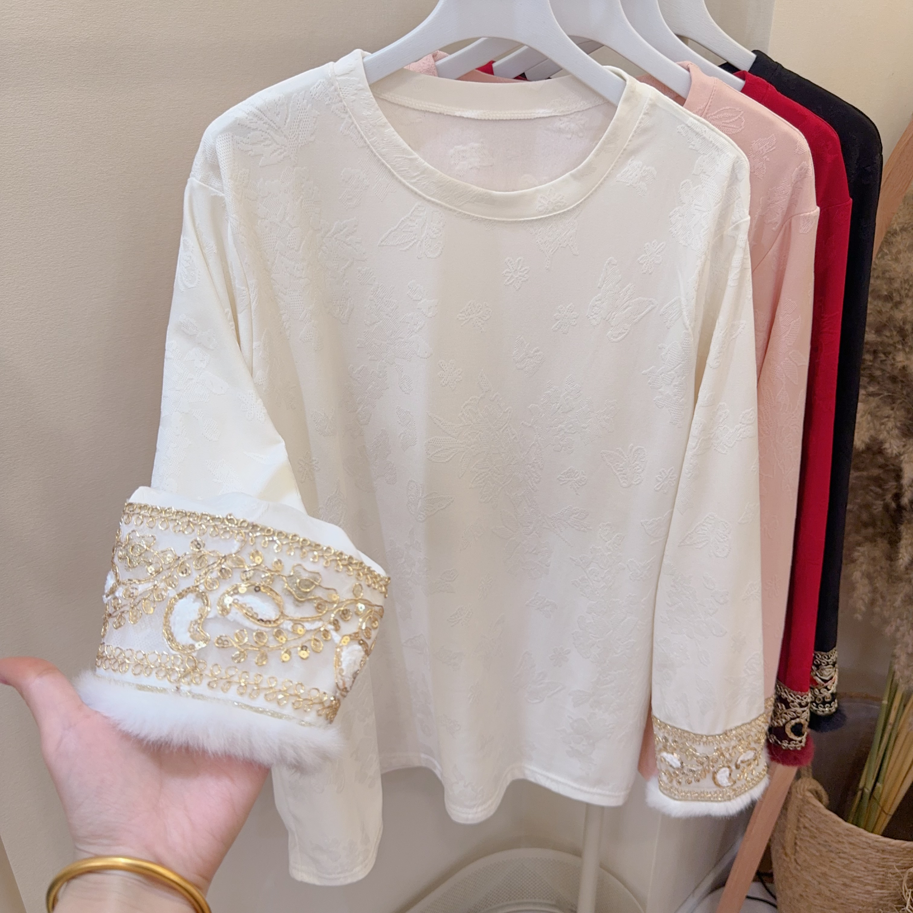 胖胖家*1231新款圆领拉绒拼接毛毛百搭显瘦大版打底衫