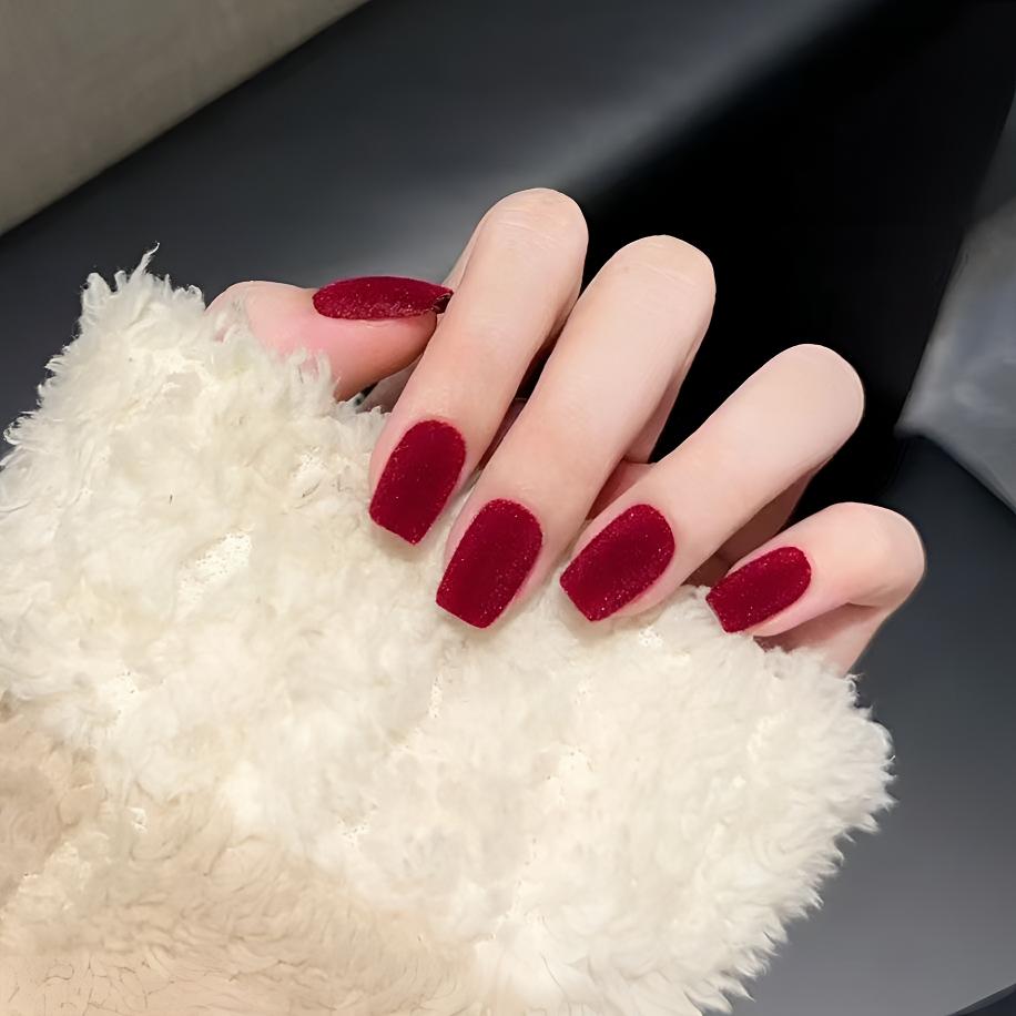 【酒红丝绒】秋冬植绒穿戴甲毛绒美甲红丝绒酒红纯色高级感显白美甲