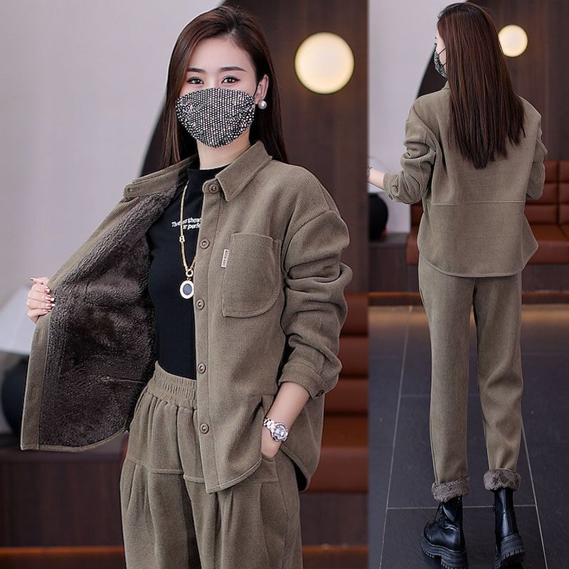 时尚爆款加绒加厚套装女2025年秋冬装新款洋气显瘦休闲短外套两件