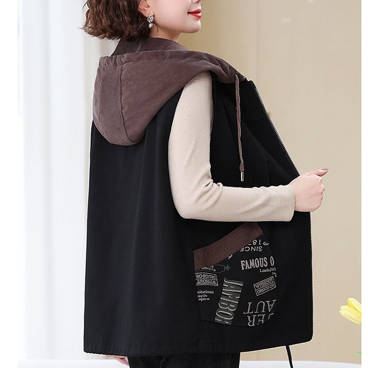 女款外穿薄款春秋马甲 大码中长款牛仔棉马甲坎肩连帽带里中老年