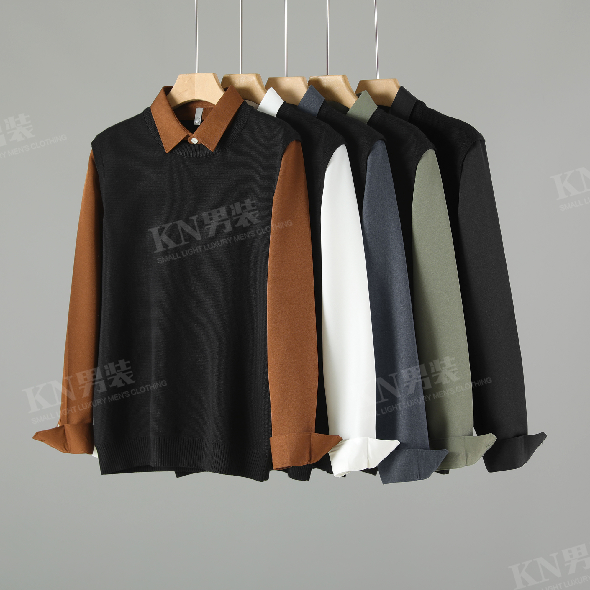 2025加绒加厚纯色翻领拼接假两件针织衫男士撞色时尚百搭修身上衣