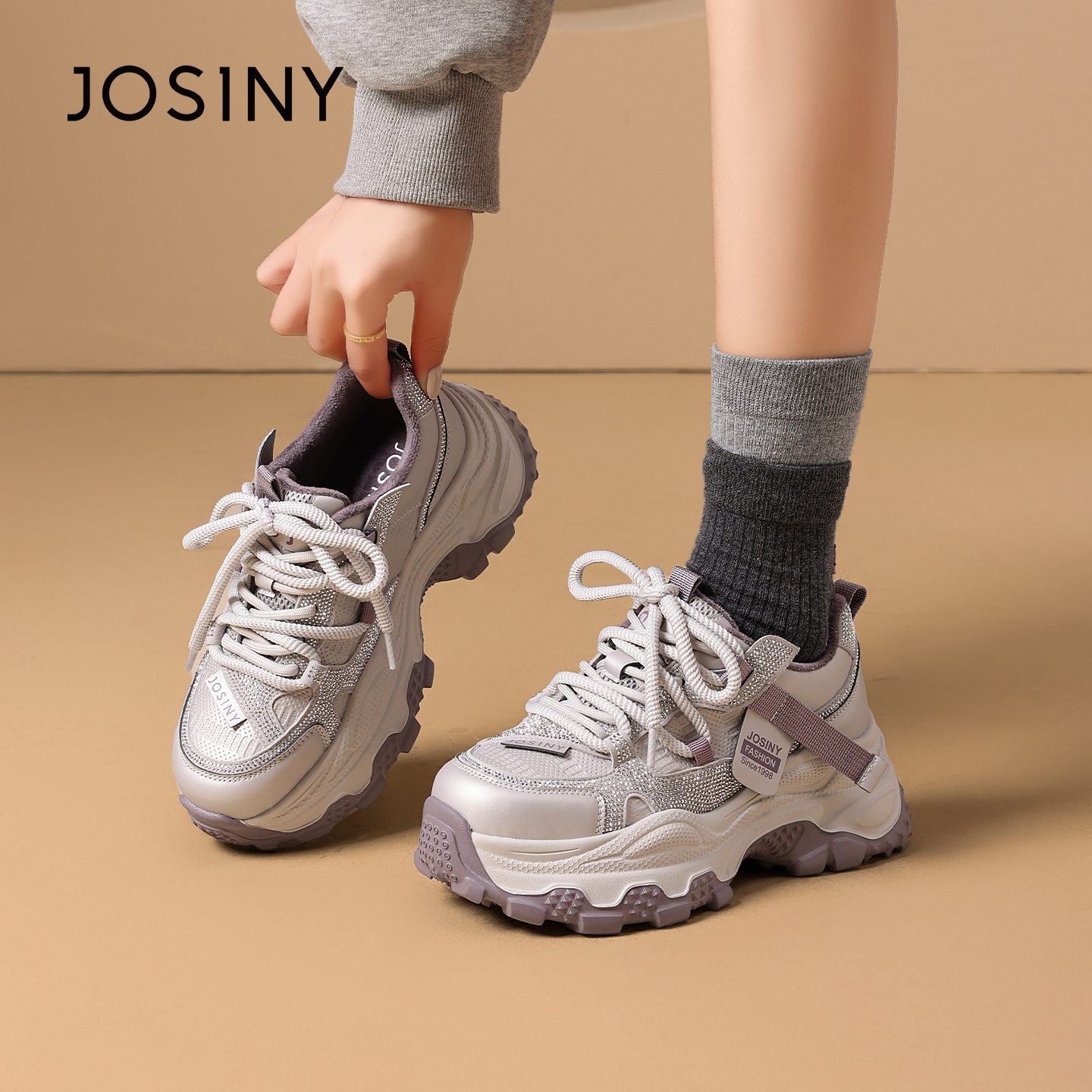 【紫罗兰】卓诗尼厚底老爹鞋紫色冬季百搭时尚亮钻皮面休闲鞋运动鞋