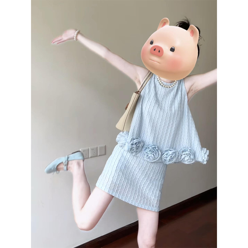 立体花朵无袖背心+半身裙短裙套装时尚洋气减龄显瘦遮肉两件套女