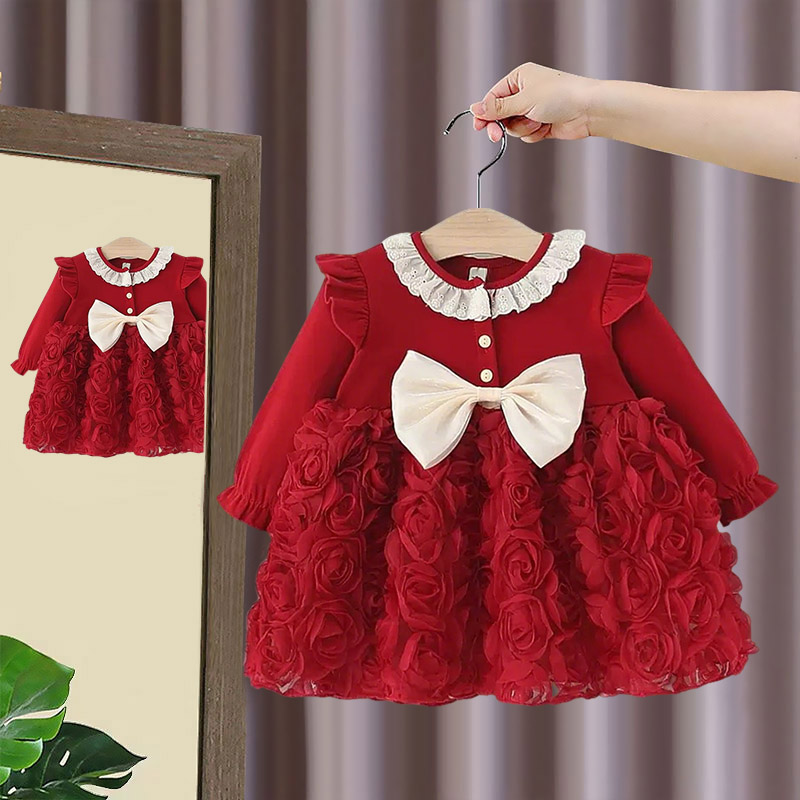 女童连衣裙女宝宝春秋装公主裙婴幼儿礼服裙一岁二岁韩版红色裙子