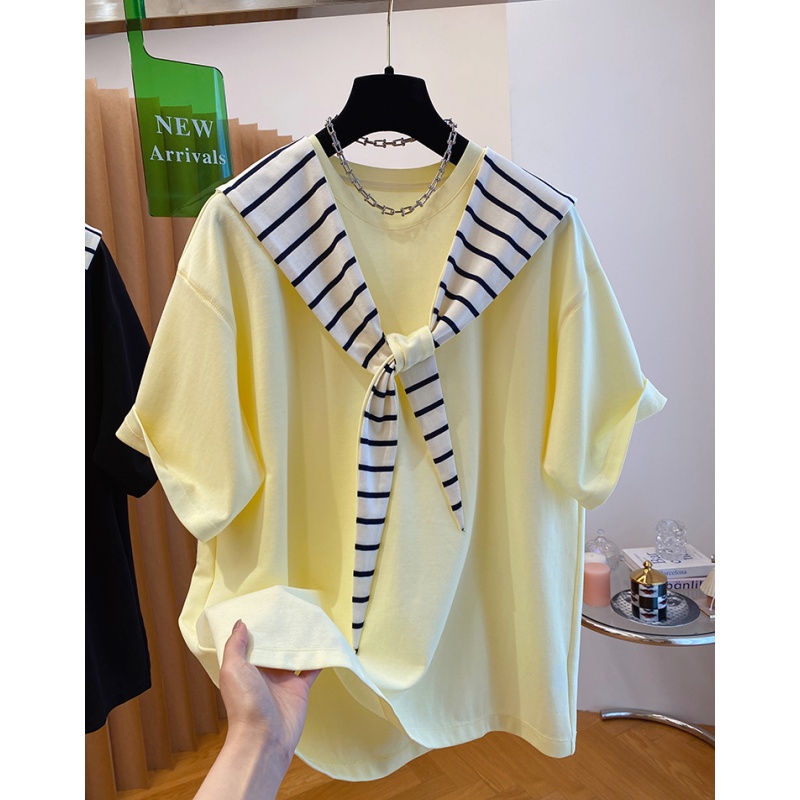 6776高级感连帽宽松大版条纹披肩加t恤女短袖两件套上衣夏季新款