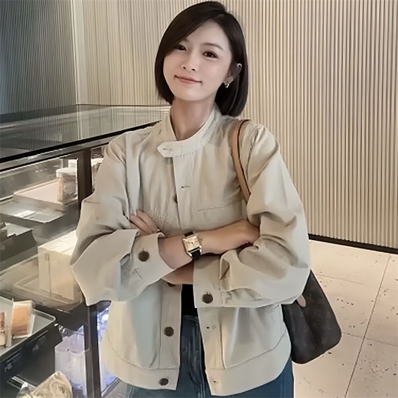 复古小立领宽松洋气工装夹克外套女2025早秋新款纯色百搭棒球服潮