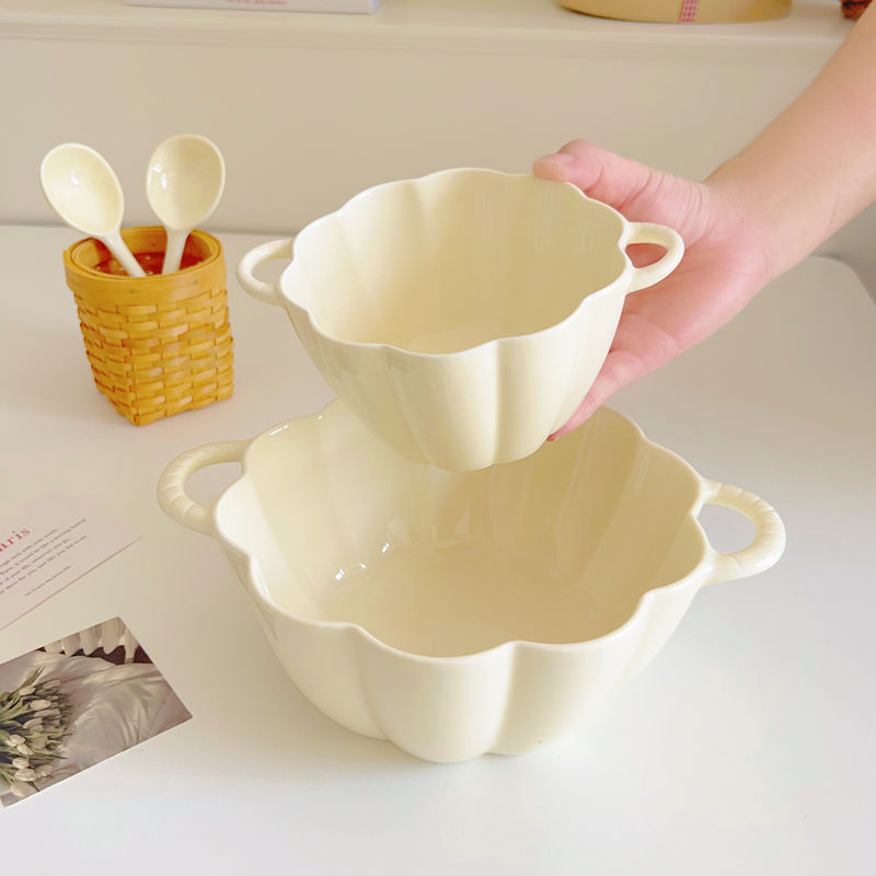 奶油风家用双耳汤碗家用2025新款高颜值的碗大容量南瓜面碗汤盆ZF