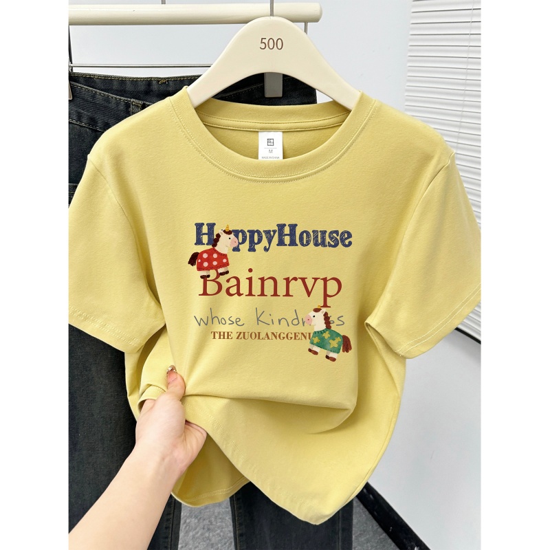 胖mm正肩大码短袖t恤女装小马字母印花洋气圆领遮肚子显瘦上衣潮