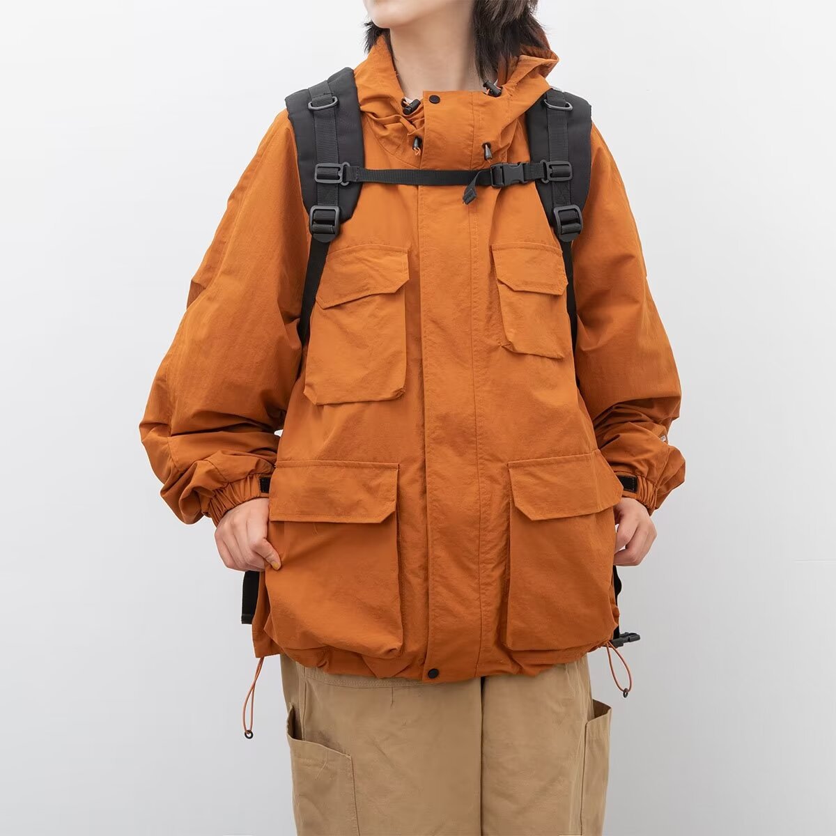 春秋季户外工装防风外套男女冲锋连帽情侣多口袋宽松纯色百搭气质