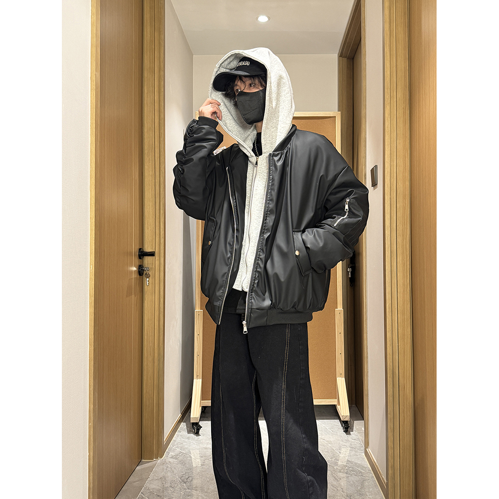 2025秋冬新款假两件连帽皮棉衣加厚情侣棉服冬季百搭保暖外套男