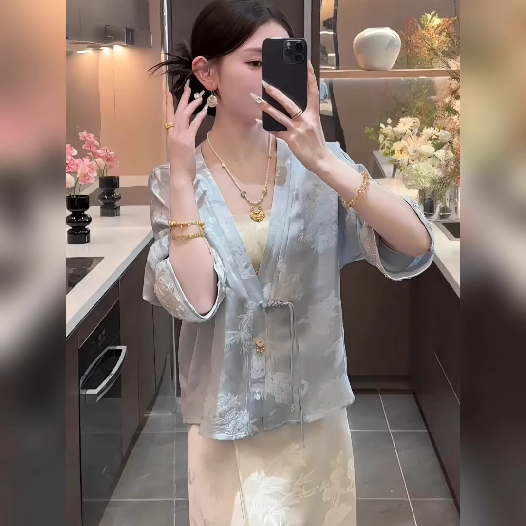 新中式国风旗袍套装裙女大码胖mm提花外套半身裙子气质高级两件套