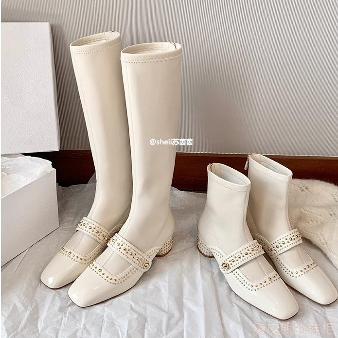 方头粗跟短靴子秒发！同款鞋方头铆钉后拉链中高筒弹力长靴女瘦瘦