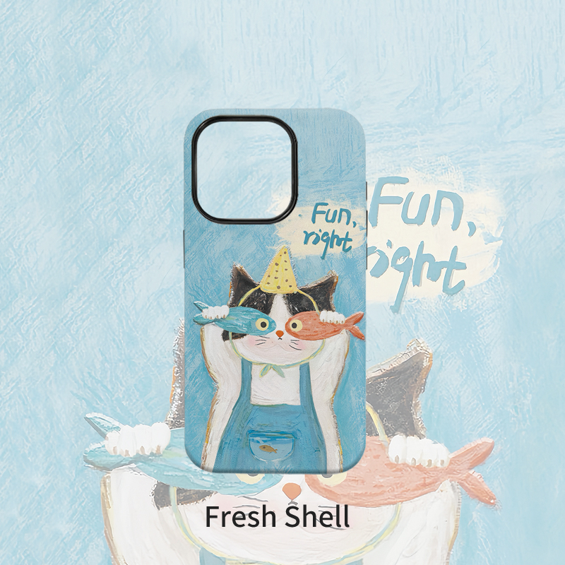 小鱼干猫咪菲林二合一适用于苹果VIVO华为OPPO防摔卡通手机壳