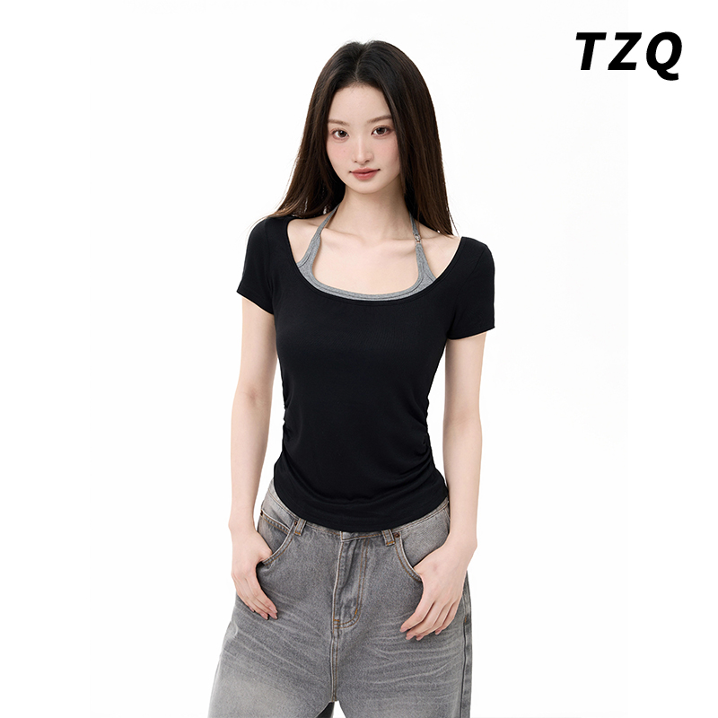 黑色挂脖假两件短袖t恤女夏季新款修身收腰短款上衣潮TZQ2550801