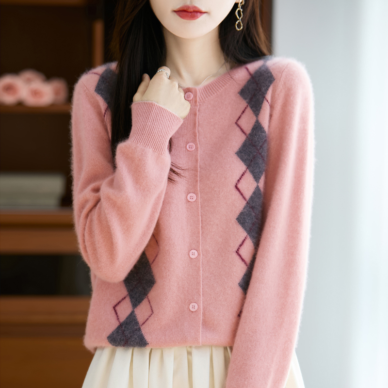 设计感菱形格提花针织开衫100%纯羊毛加厚毛衣外套长袖软糯保暖气