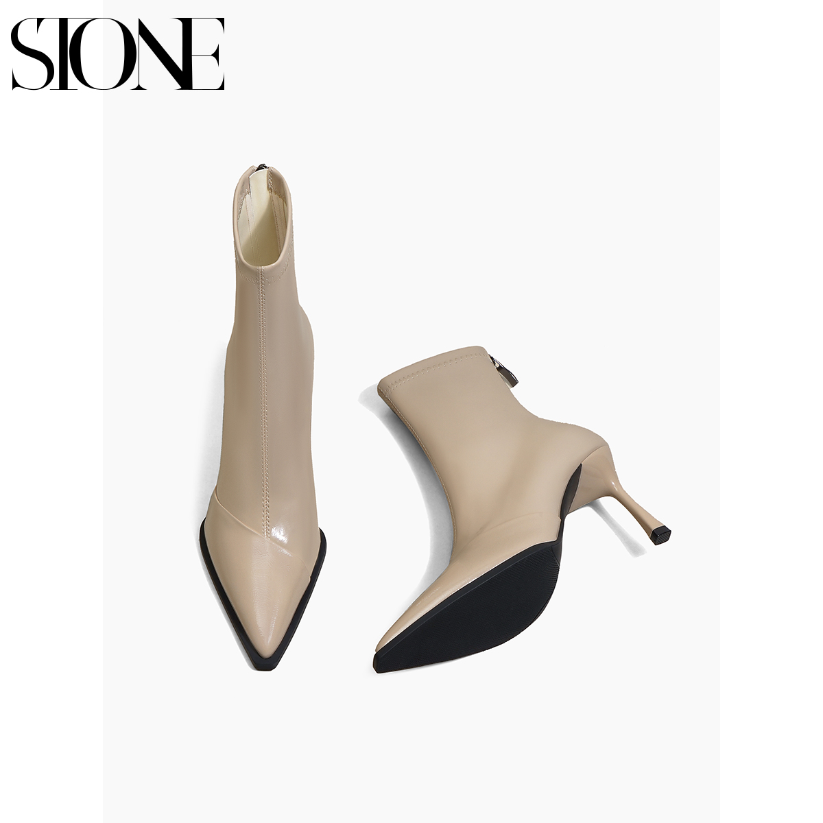 石头家奶茶色复古高跟尖头短靴女秋冬百搭漆皮细跟弹力瘦瘦靴裸靴