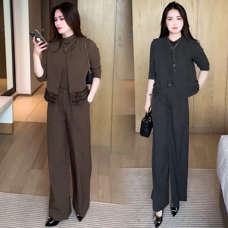 时尚套装女秋季新款洋气蕾丝花边拼接无袖背心打底衫阔腿裤三件套