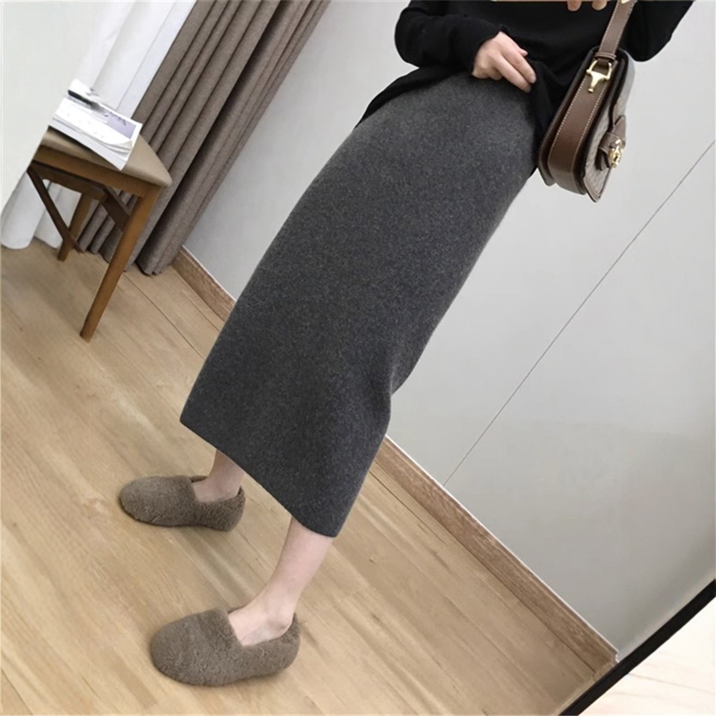 高级感气质羊毛针织半身裙长款女秋冬小个子开叉显瘦包臀一步长裙