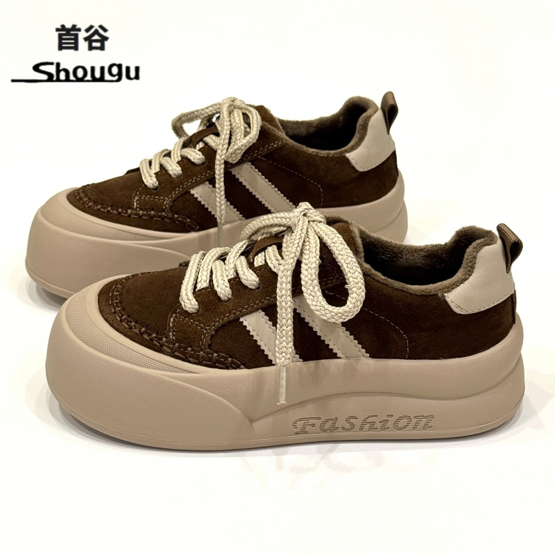 shougu/首谷厚底加绒保暖板鞋女款2025新款轻便大头鞋丑萌面包鞋