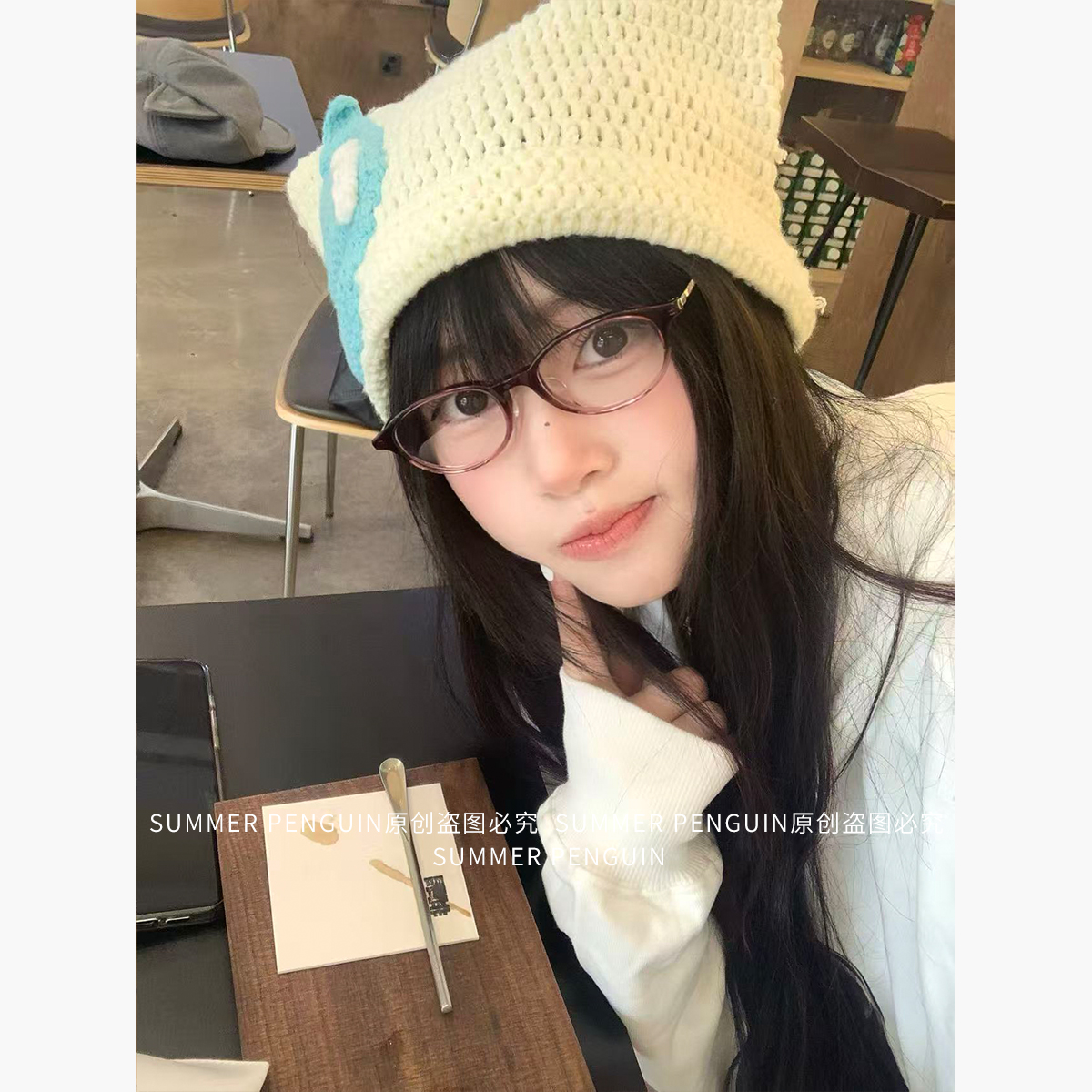 SUMMER PENGUIN可爱搞怪无语水滴流汗毛线帽女秋冬百搭耳朵针织帽