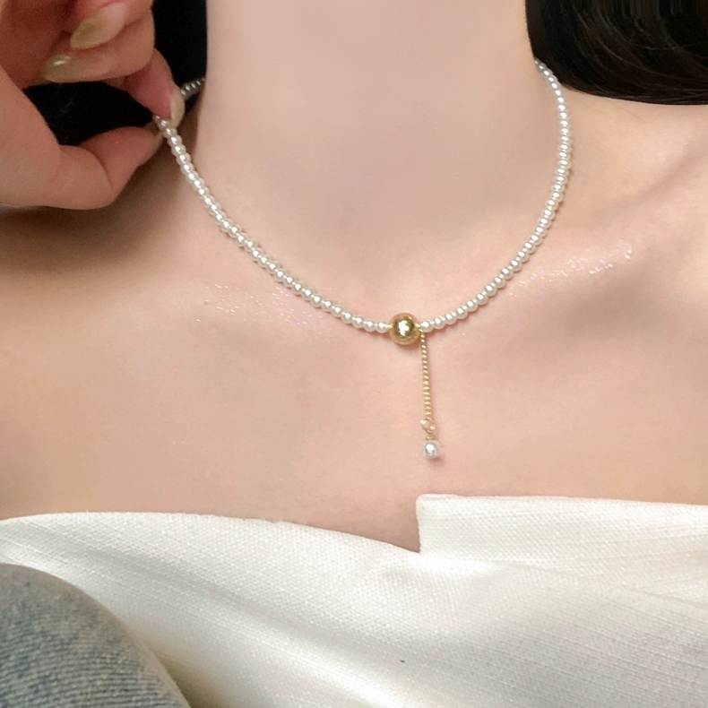 铜合金仿珍珠吊坠 好显气质~仿珍珠流苏锁骨链女小众设计项链配饰