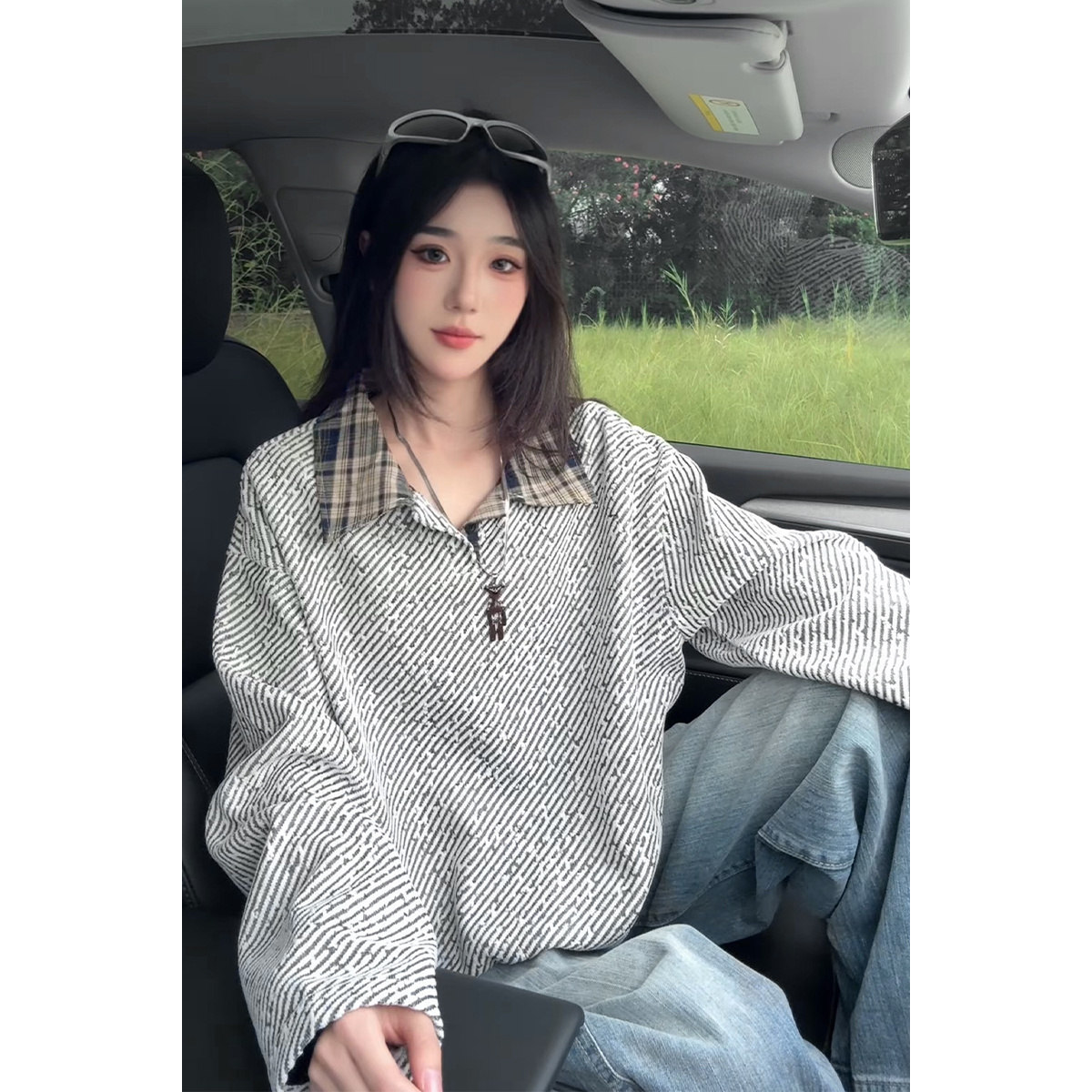 肌理感条纹拼色polo衫卫衣男早秋情侣通勤穿搭高级感痞帅上衣外套