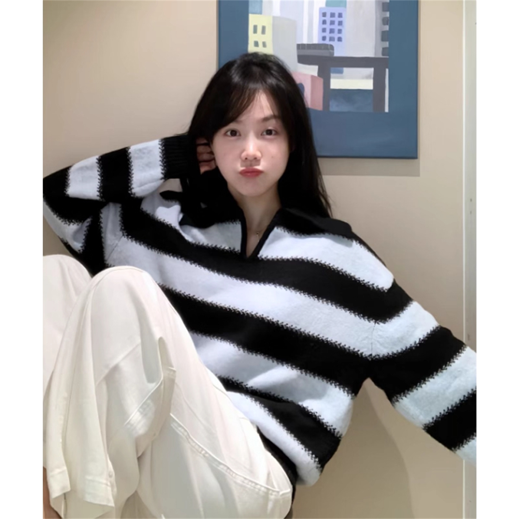 慵懒风宽松翻领条纹毛衣女秋冬大码胖MM显瘦软糯休闲针织打底上衣