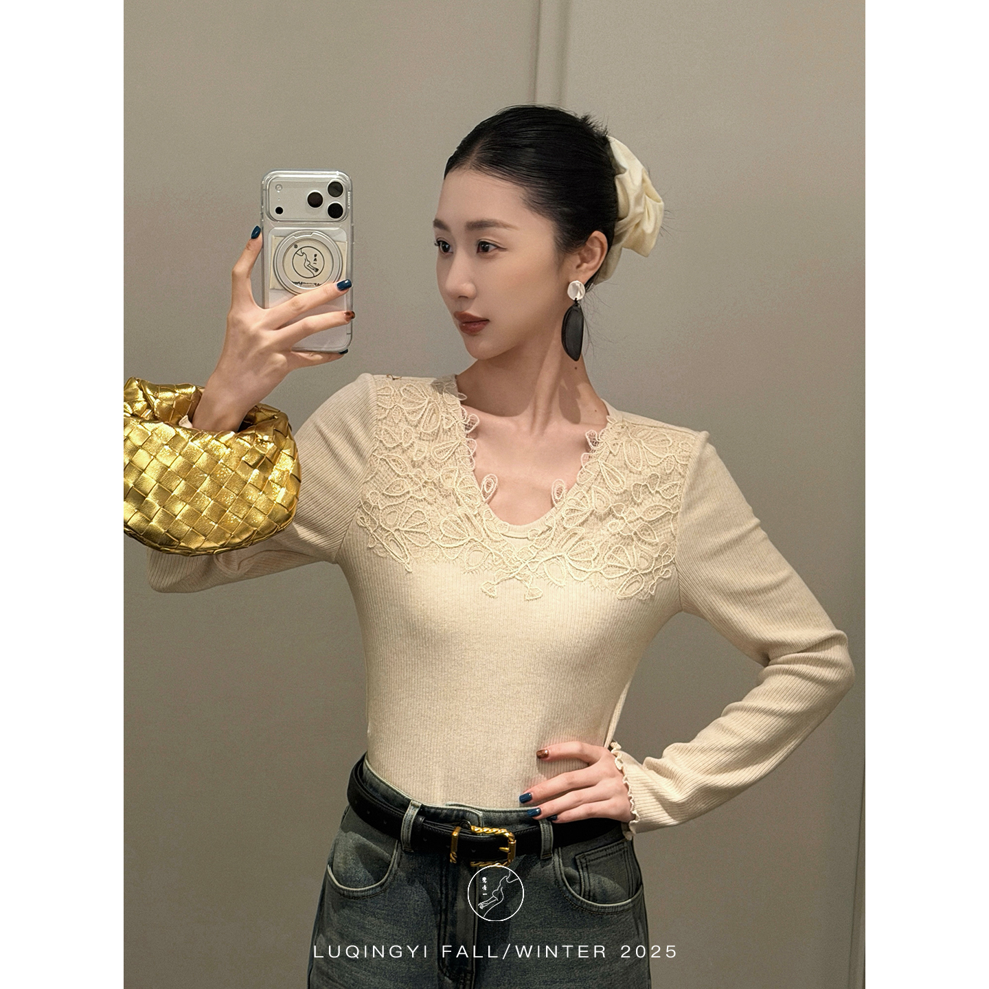 鹭青一原创【花影重】法式蕾丝花边木耳边修身针织衫L25T1172LB