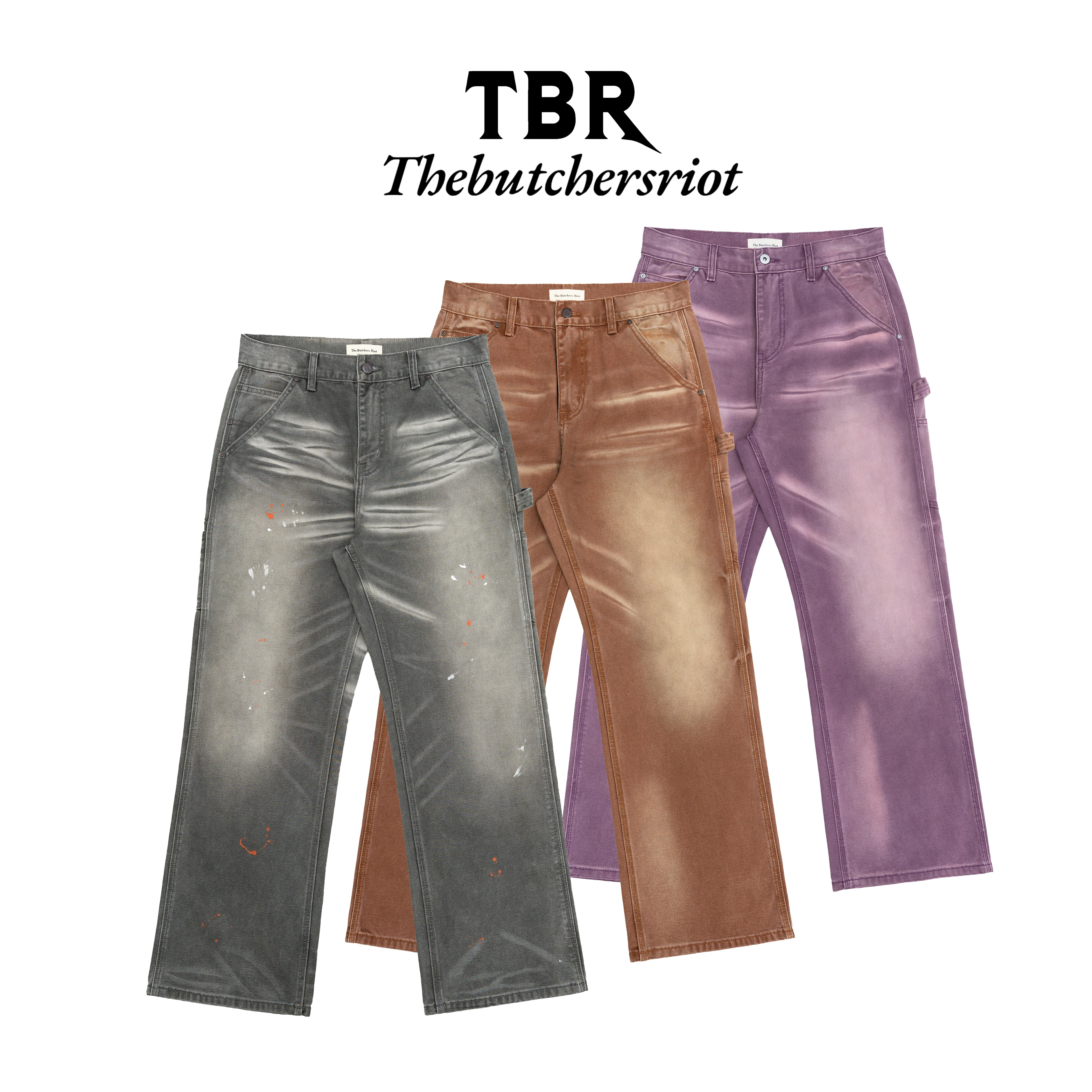 TBR苔藓绿胭脂红暴力橙3色水洗b11伐木裤宽松直筒版型牛仔裤