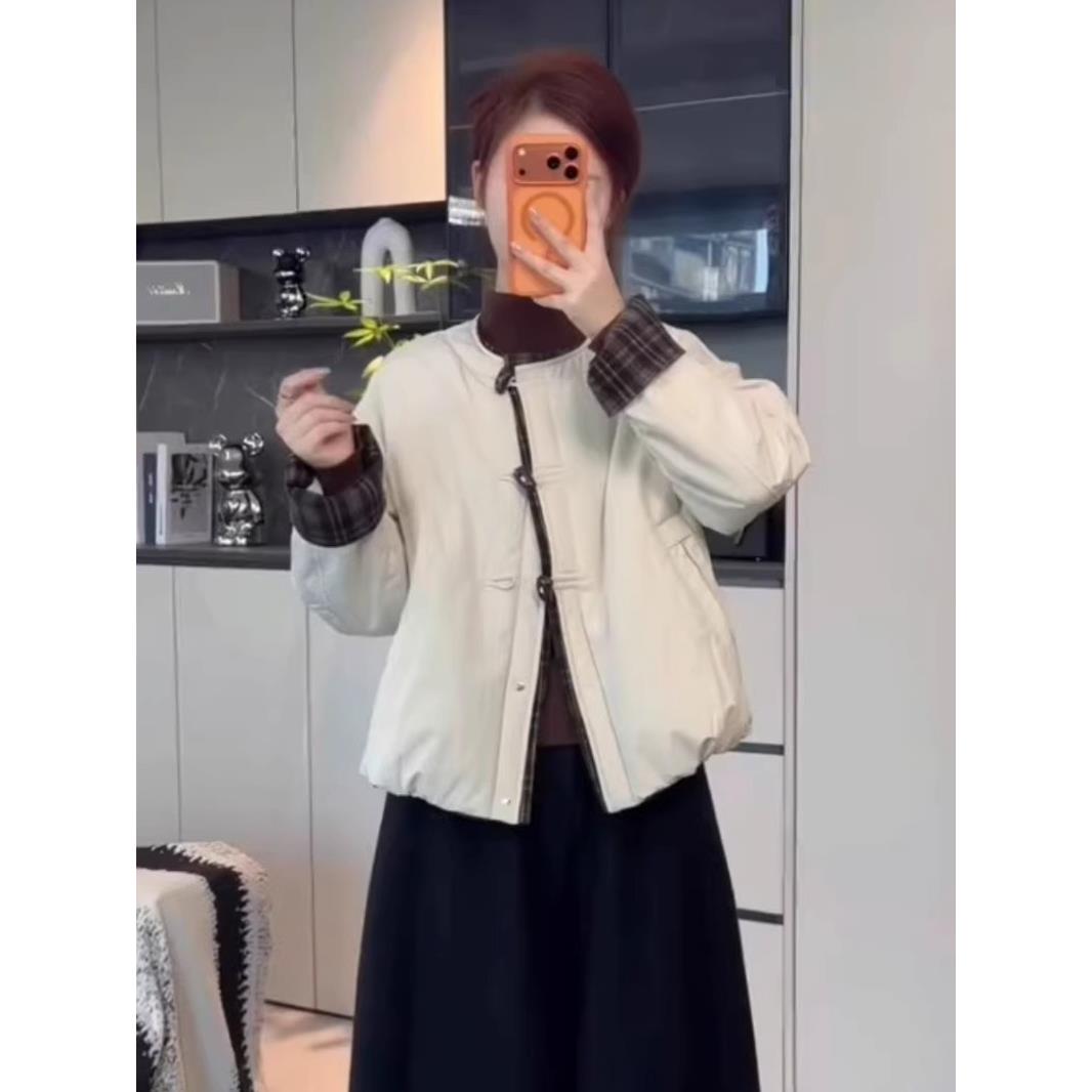 韩系覆古格子拼接棉服女2025秋冬新款休闲小个子百搭保暖棉衣外套
