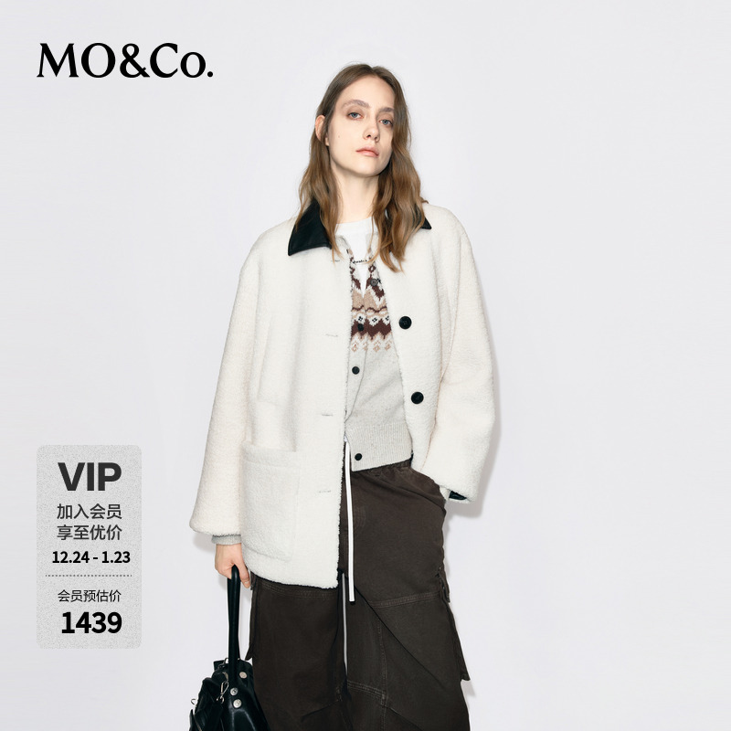 MOCO外套2025冬新品羔毛绒拼接素皮翻领机车风中性廓形MBE4COTT24