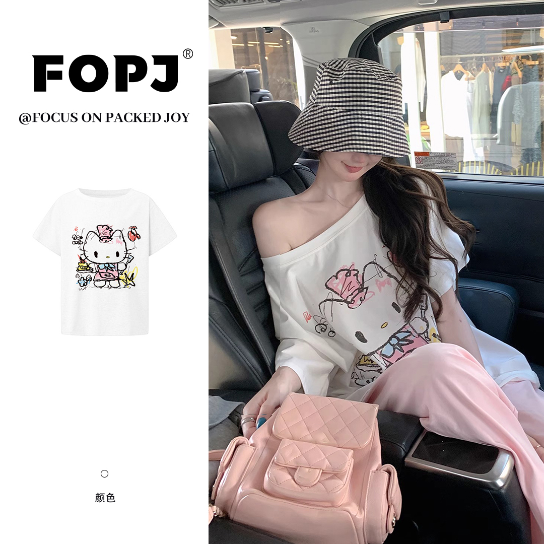 FOPJ夏季时尚新品宽松显瘦露肩短袖kitty印花宽松纯欲风辣妹上衣