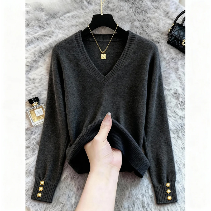 小香风纯色针织上衣女2025春秋季新款韩版慵懒高级感套头V领毛衣