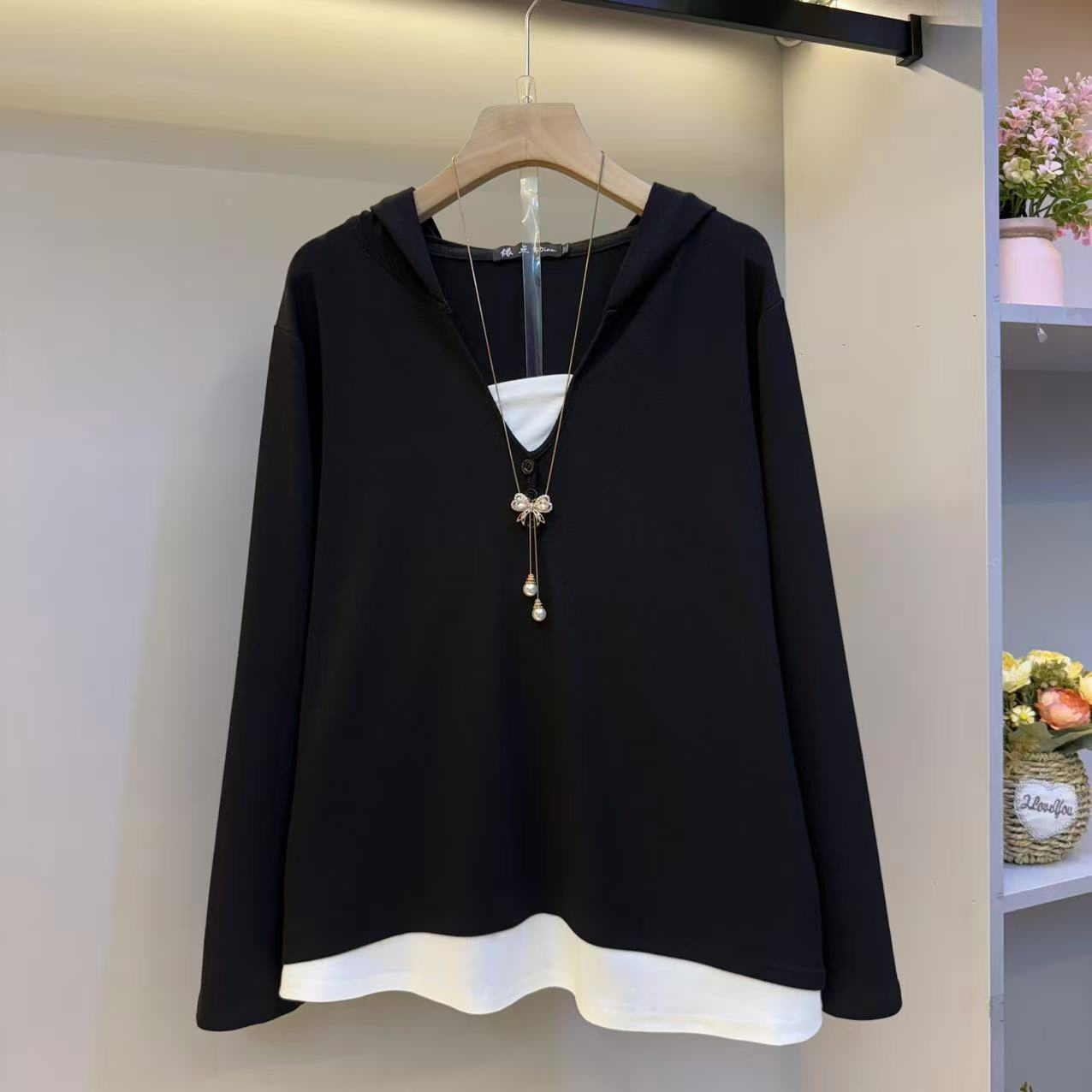 2025早秋新款假两件拼接连帽减龄休闲显瘦上衣