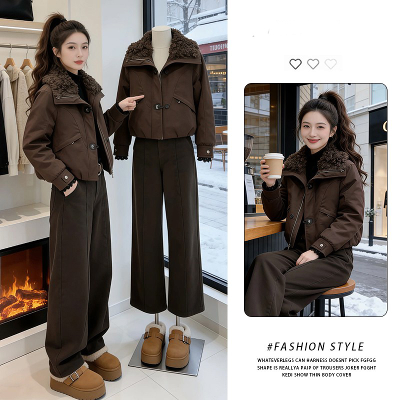 棉服女2025冬季新款宽松拼接加绒加厚款翻领羊羔毛休闲咖色棉衣潮