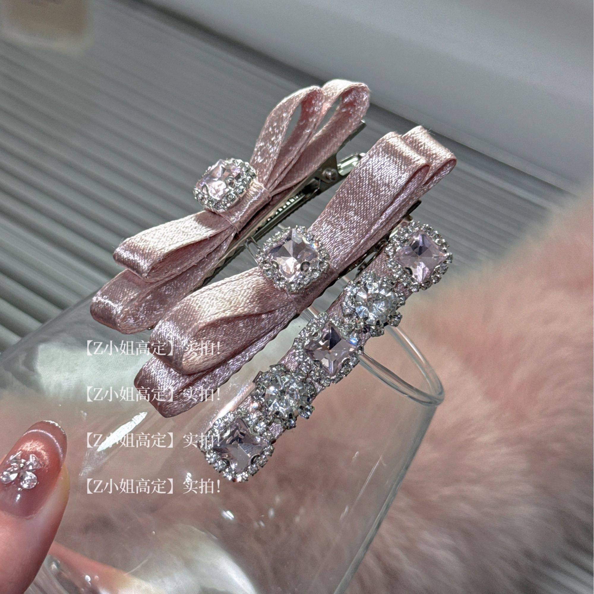 【莫奈花园】原创设计缎面丝光满钻粉色鸭嘴夹