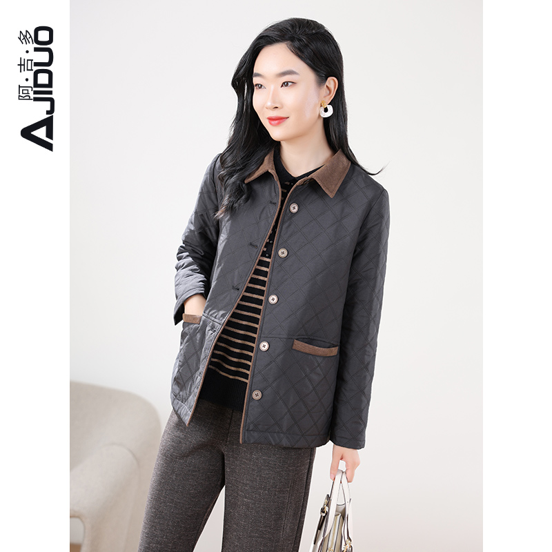 阿吉多加厚夹棉保暖棉服外套女秋冬季棱形格时尚大码棉衣女A30770