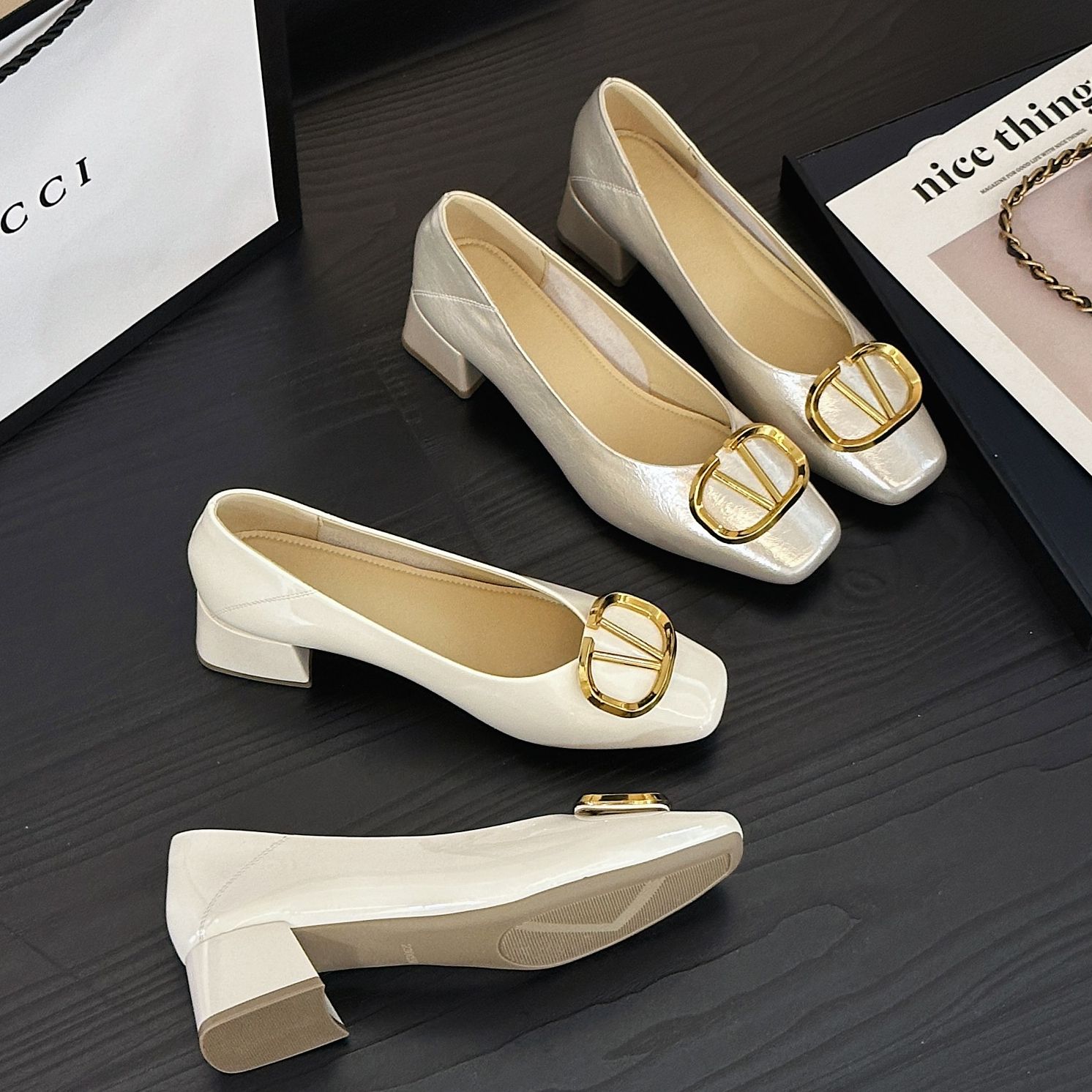 2025夏季新款法式气质小方头女鞋百搭浅口平底单鞋女通勤鞋E6670