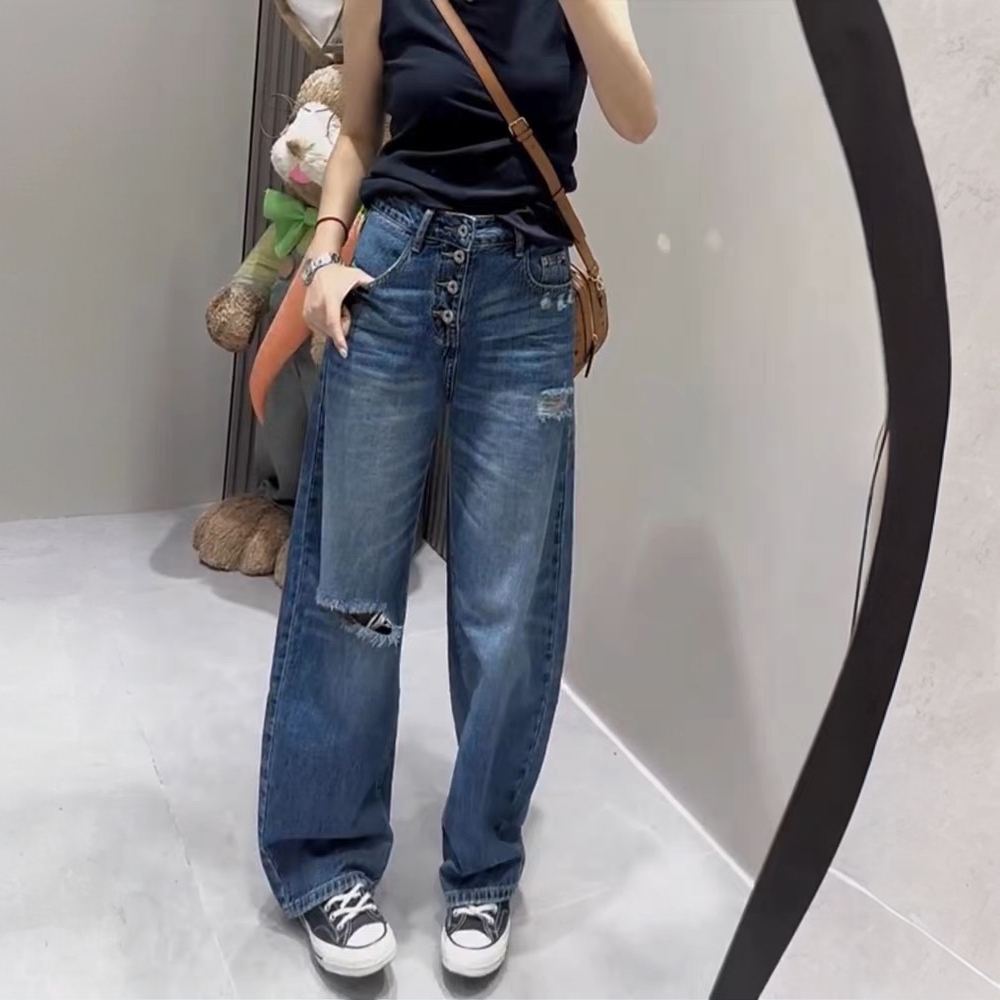 设计感复古破洞直筒牛仔裤女2025秋季高腰显高宽松显瘦窄版阔腿裤