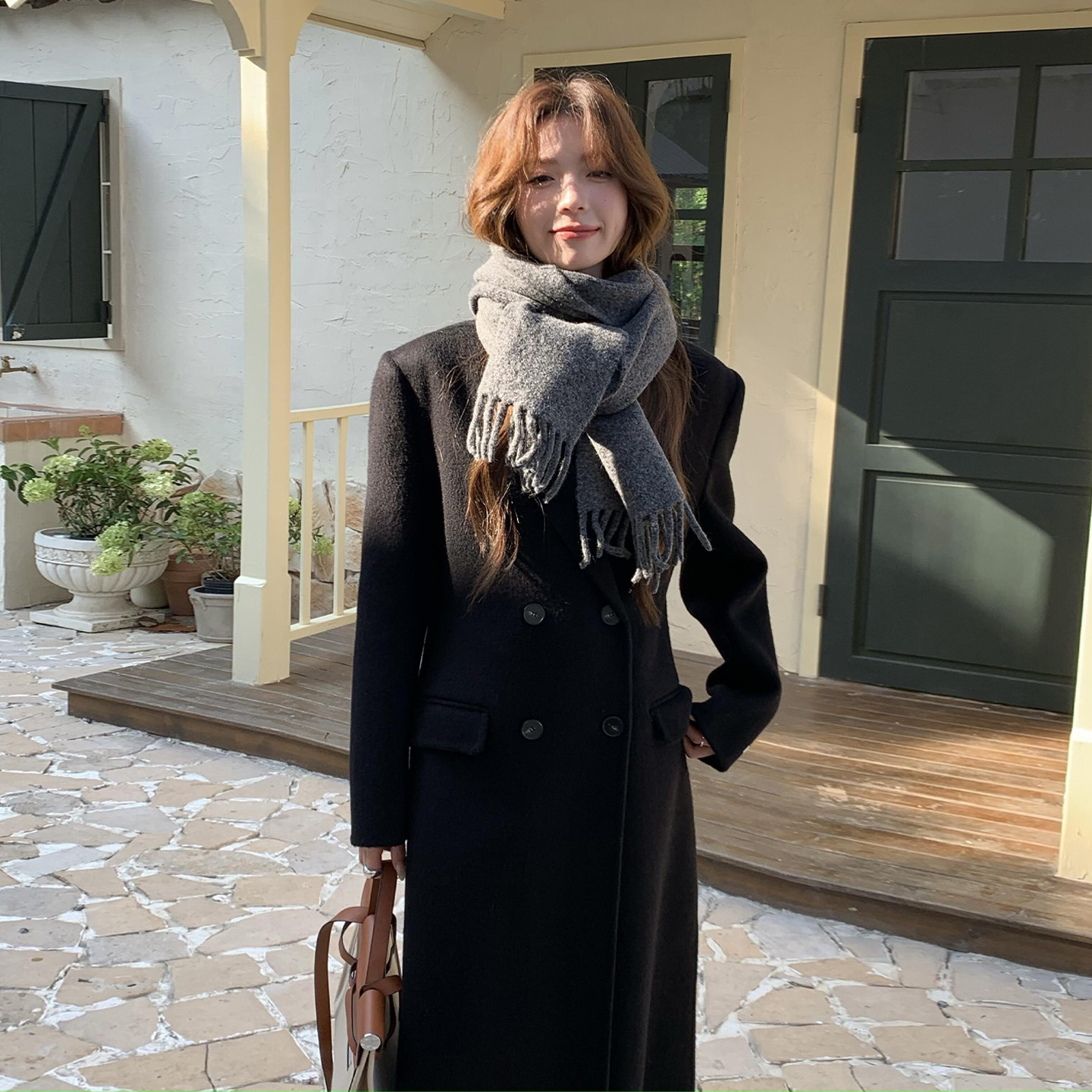 黑色中长款呢子大衣女冬季高级感2025新款小个子加厚西装毛呢外套