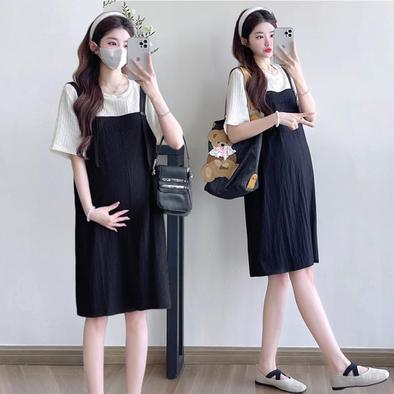 孕妇装夏季显瘦减龄中长款假两件拼接孕妇连衣裙时尚辣妈2025新款